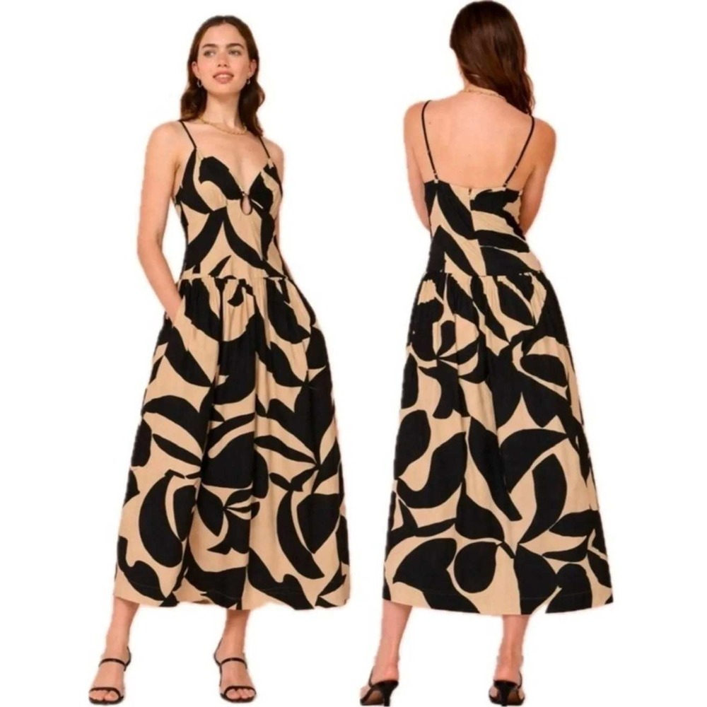 Mon Renn Midi Dress Womens 4 Yellow Black Abstract Print V-Neck‎ Cutout Cotton
